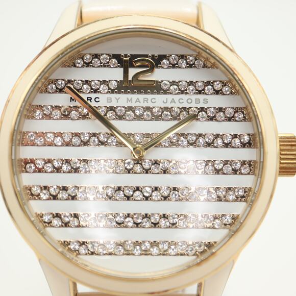 Marc Jacobs Lidia Stripe Gold Tone White 40mm Glitz Womens Watch w New Battery